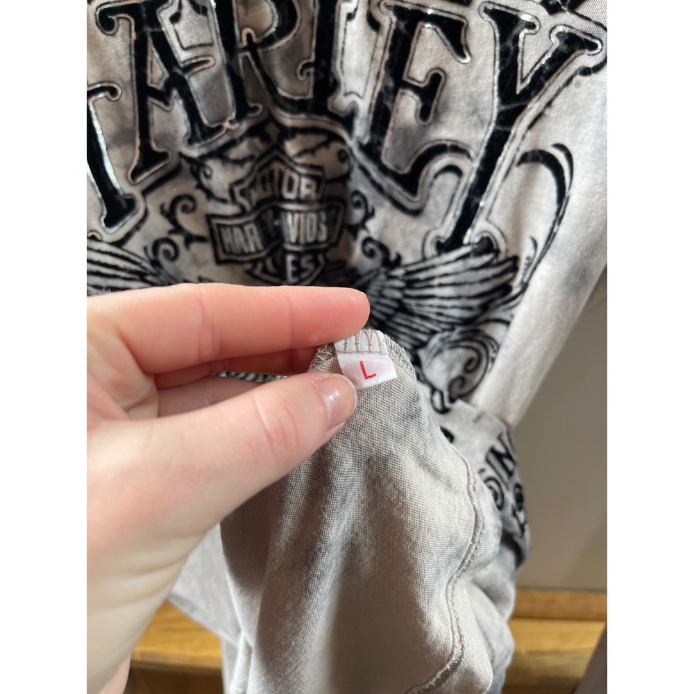 Harley Davidson Graphic Top Womens Large Gray Tie Dye V-Neck Foil Logo - Picture 3 of 4